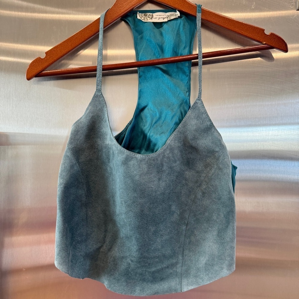 EUC Free People Leather and Silk Tank Top Aqua Blue Vintage Circa 2010
